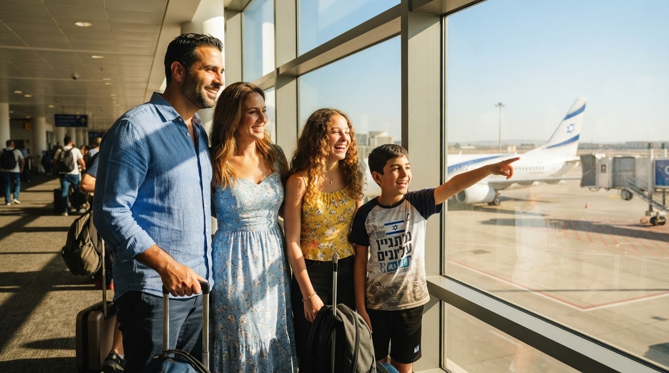 משפחה מביטה במטוס מבעד לחלון הטרמינל לפני טיסה לחול